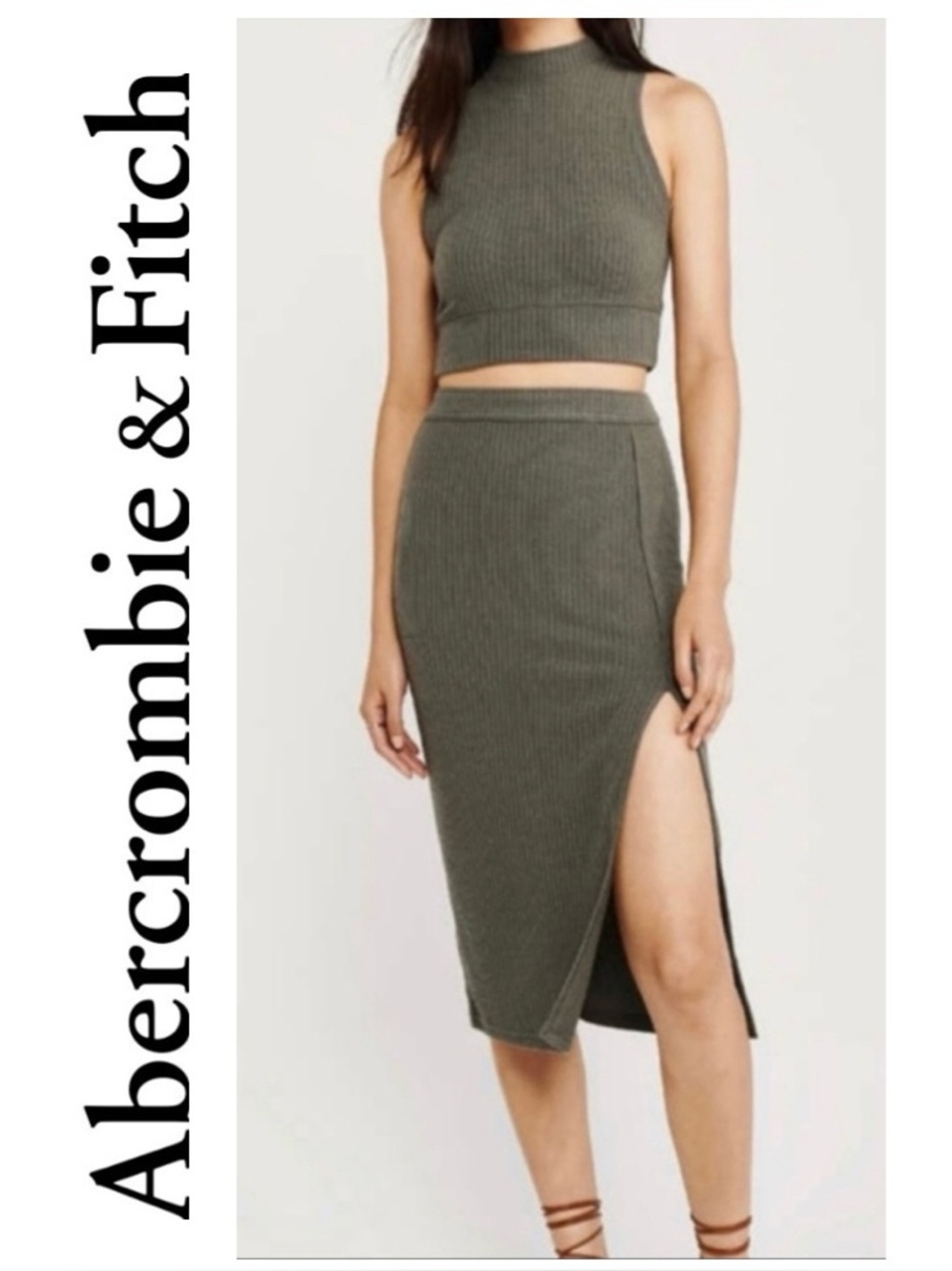 ABERCROMBIE AND FITCH Olive Midi Ribbed Skirt Long Side Slit Pencil Sleek Wmn S